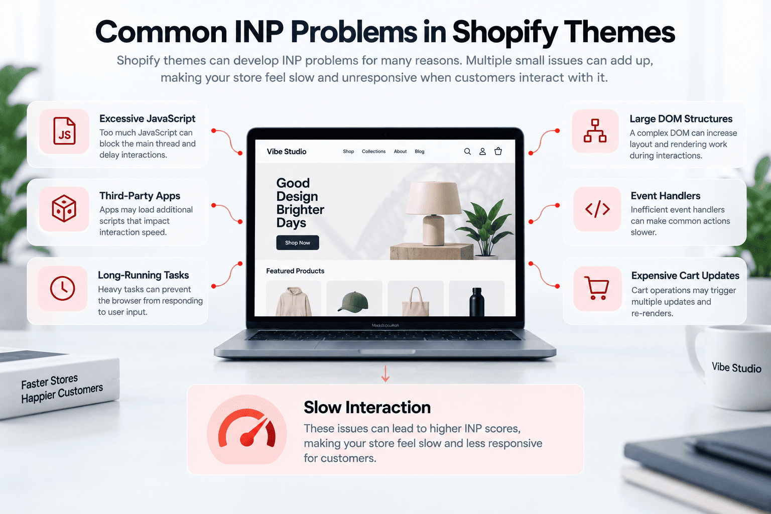 Common INP problems in Shopify themes including JavaScript, apps, and long tasks