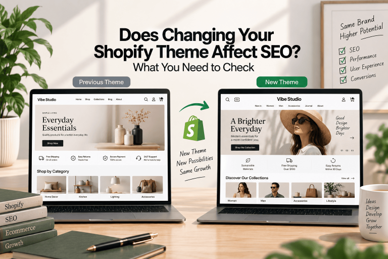 Comparison of previous and new Shopify themes showing different website designs, header icons, SEO considerations, and fashion-focused store improvements.