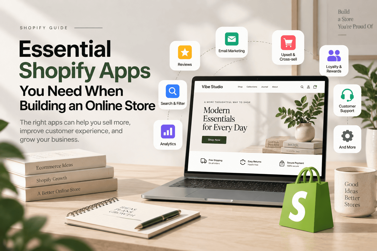 Essential Shopify apps for building an online store, featuring a Vibe Studio storefront and app integrations for reviews, email marketing, search, analytics, and customer support.