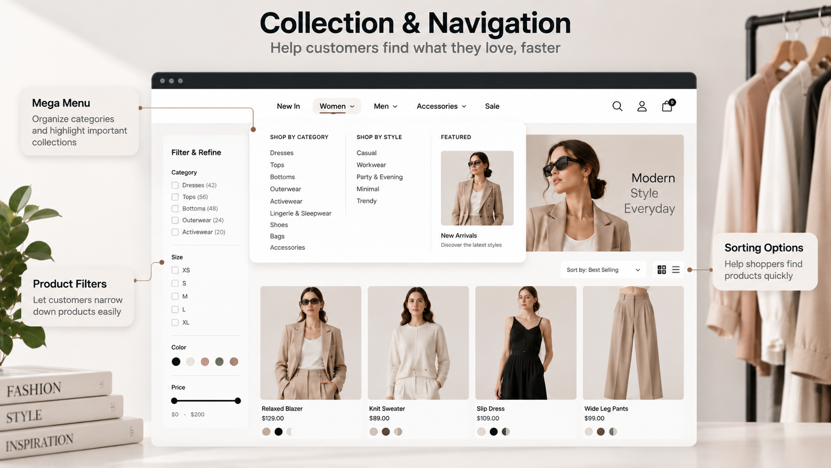 Fashion ecommerce collection page with product filters and navigation