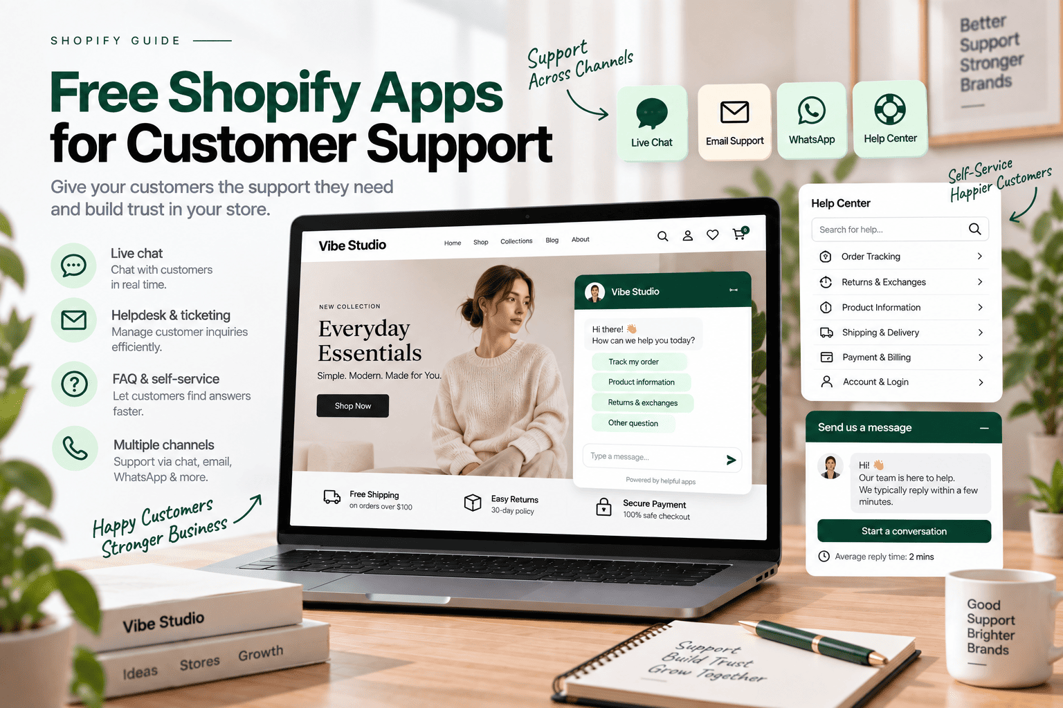 Free Shopify apps for customer support featuring live chat, helpdesk, FAQ, self-service, and multichannel customer communication