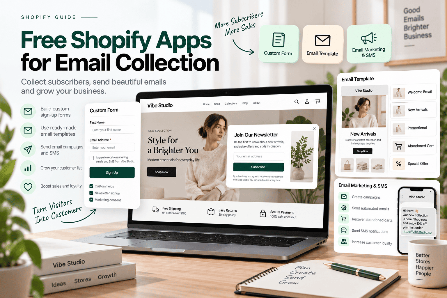 Free Shopify apps for email collection showing custom forms, email templates, and email marketing and SMS tools