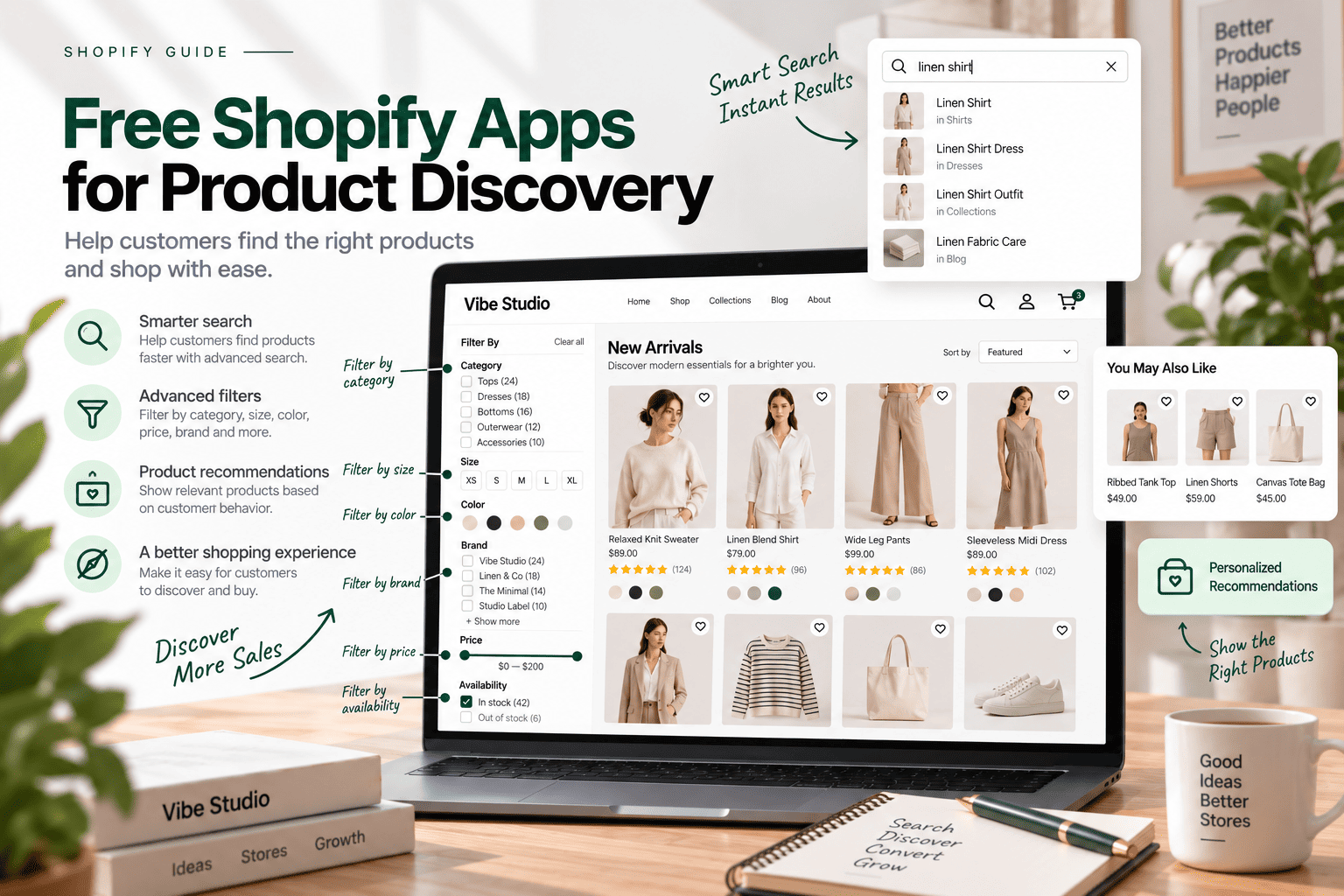 Free Shopify apps for product discovery featuring smart search, advanced filters, product recommendations, and sidebar filtering options