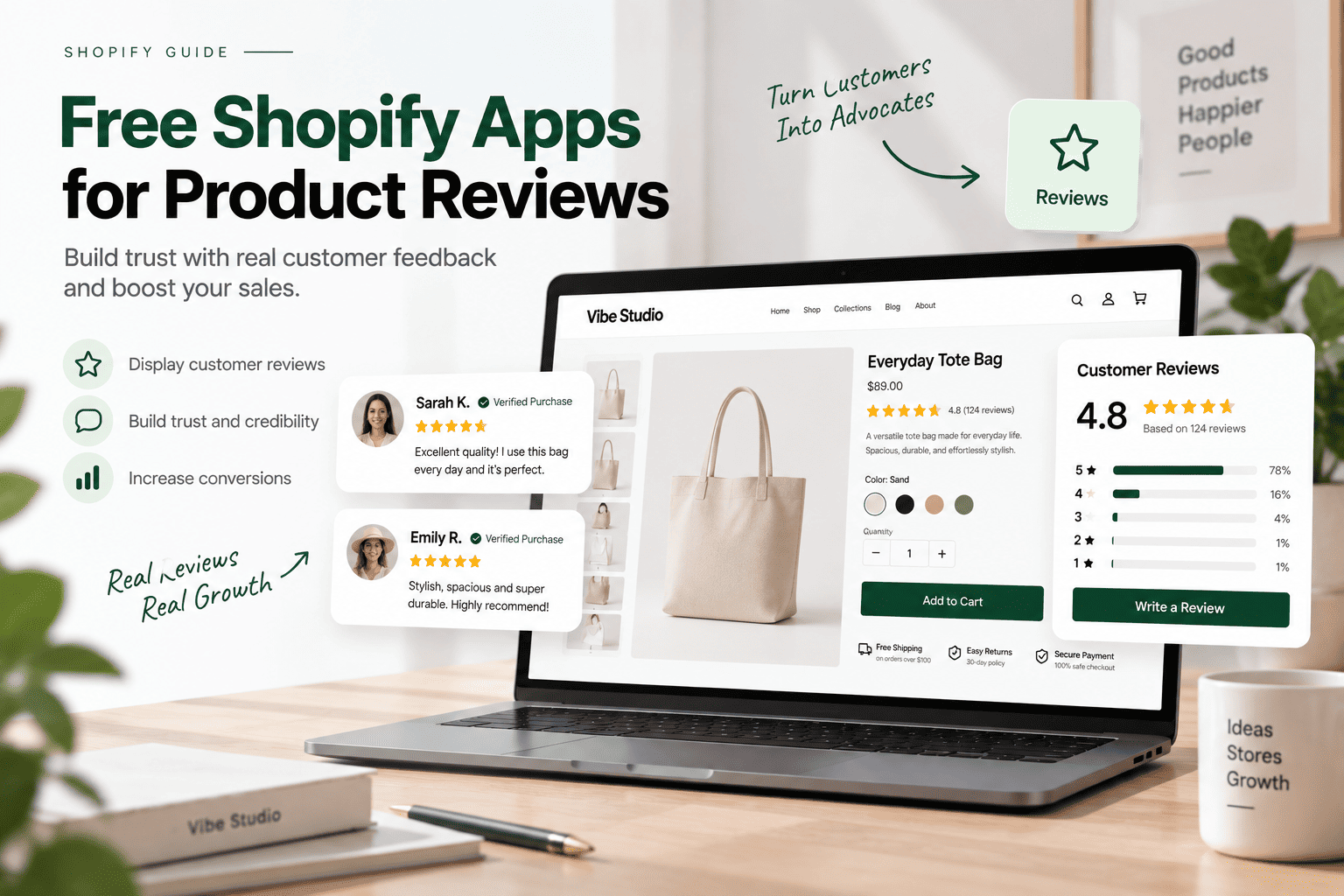 Free Shopify apps for product reviews showing customer ratings, testimonials, and review widgets on a Shopify product page