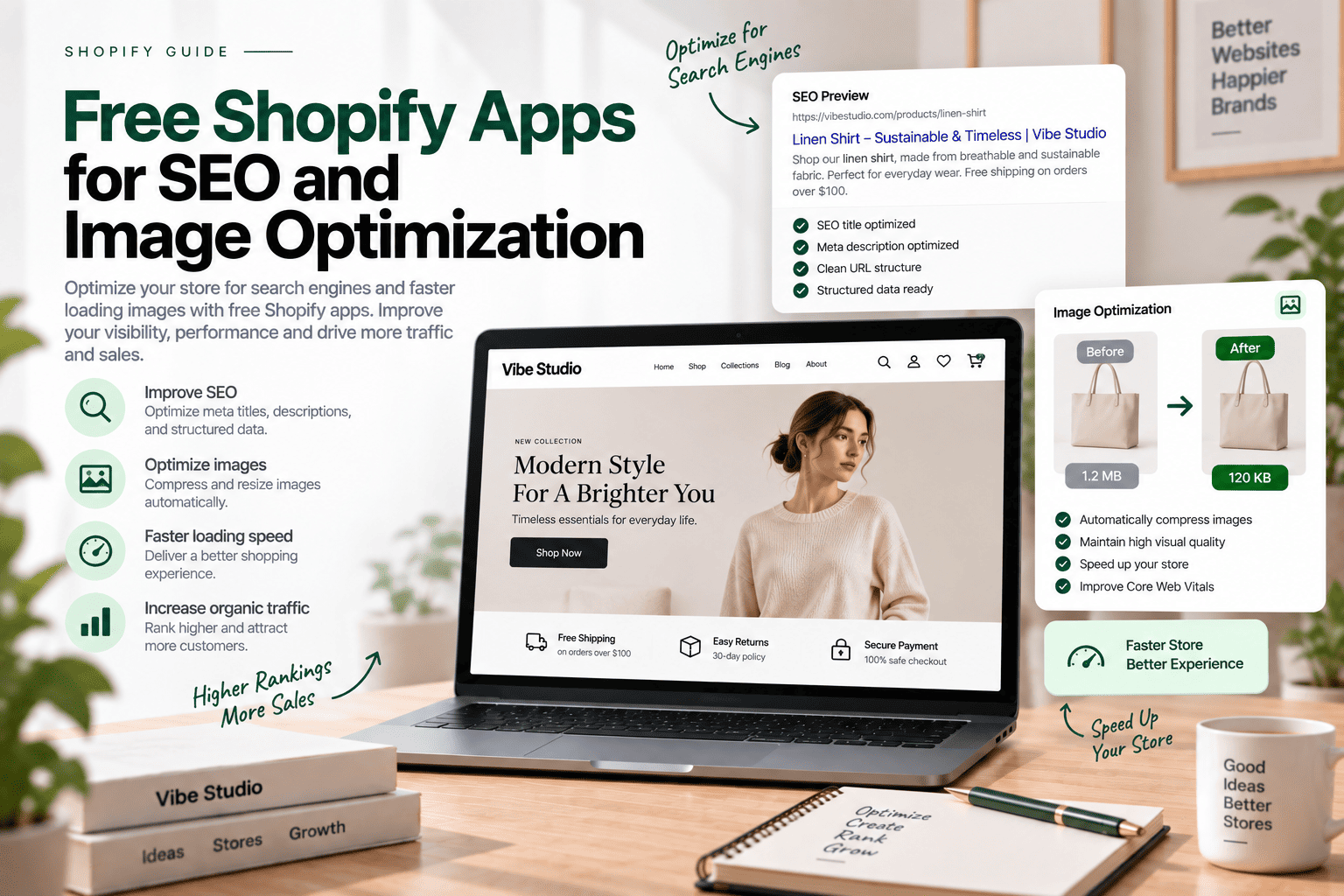Free Shopify apps for SEO and image optimization featuring SEO improvements, image compression, faster loading speed, and better Core Web Vitals