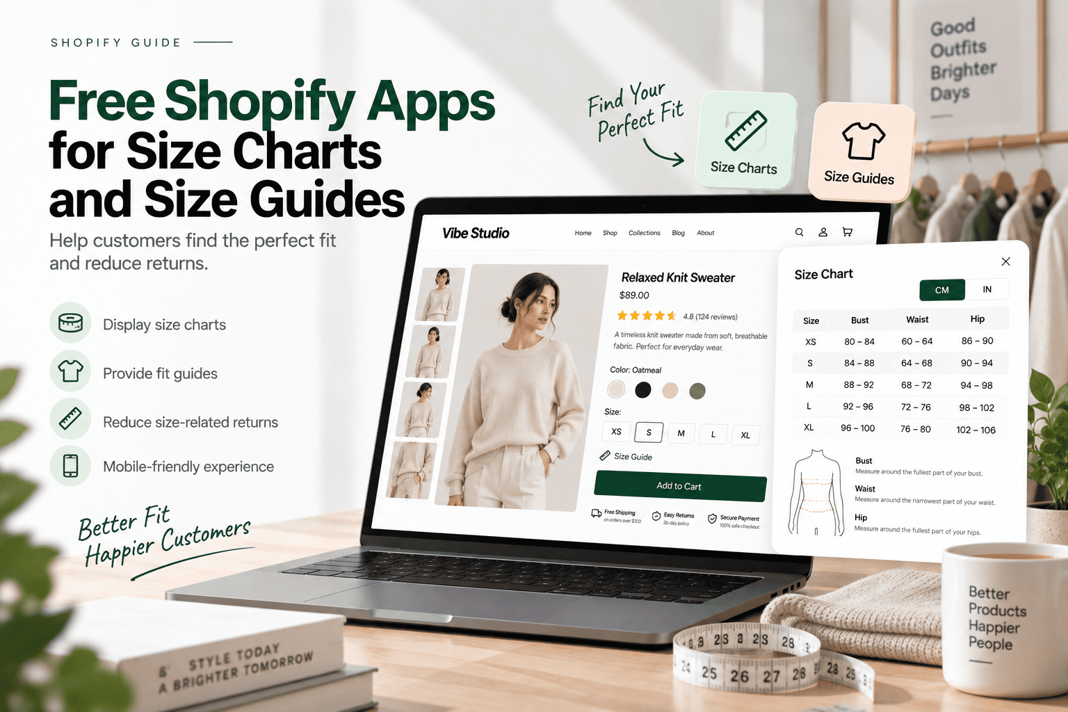 Free Shopify apps for size charts and size guides helping customers find the right fit on a Shopify product page