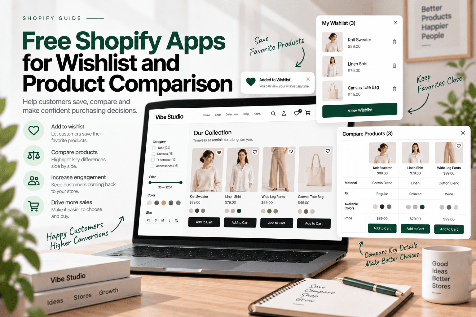 Free Shopify apps for wishlist and product comparison featuring saved favorites, side-by-side product comparisons, and add-to-cart options