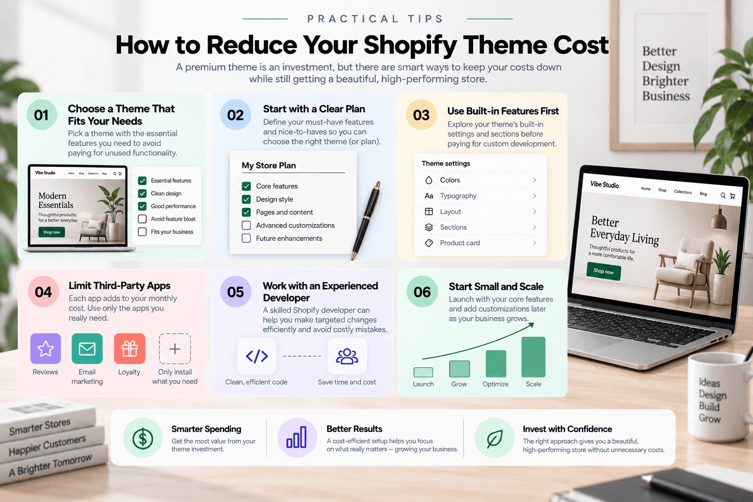 Ways to reduce Shopify theme cost by choosing the right theme, limiting apps, and planning customization