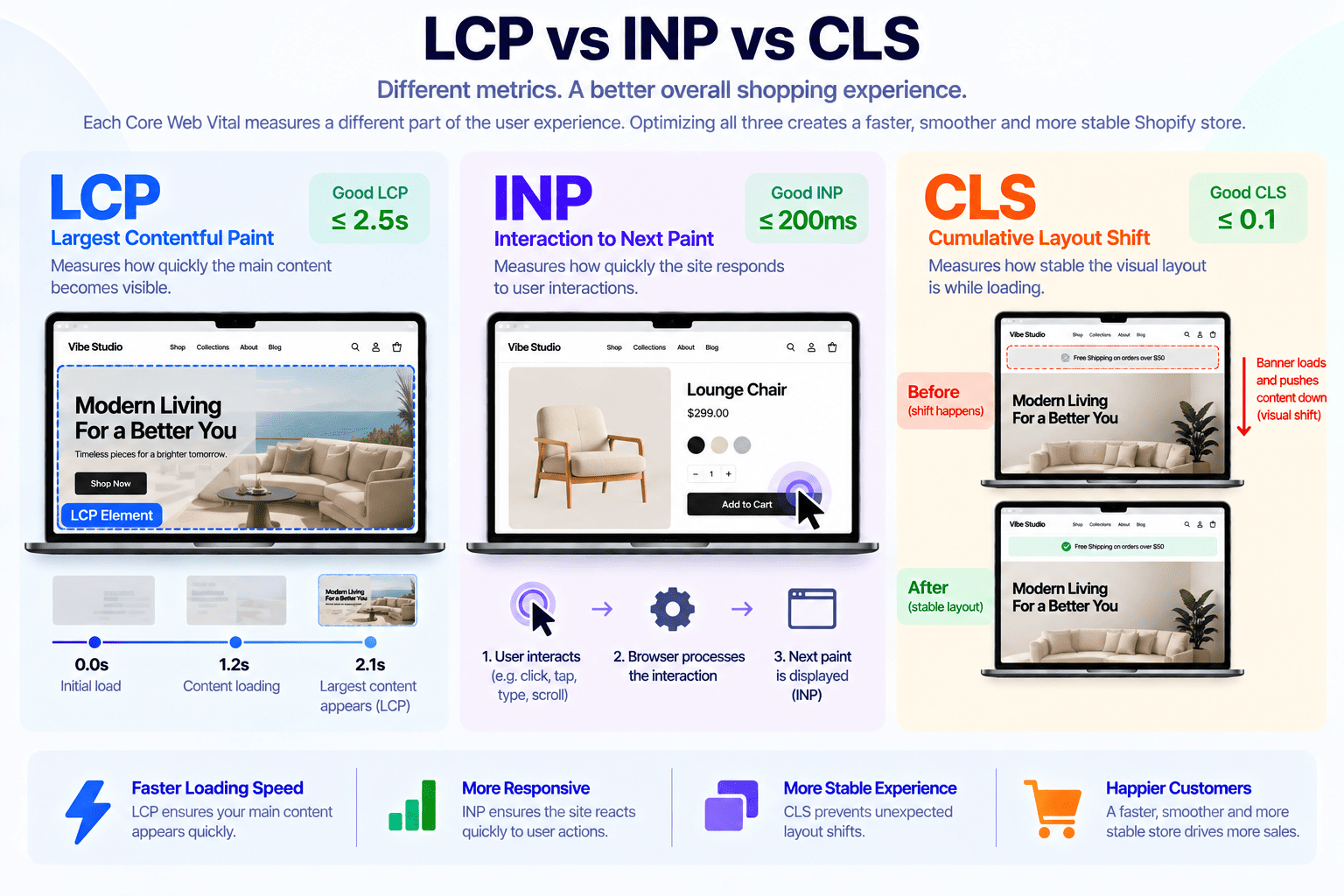LCP vs INP vs CLS comparison showing loading speed, interaction responsiveness, and layout stability in Shopify
