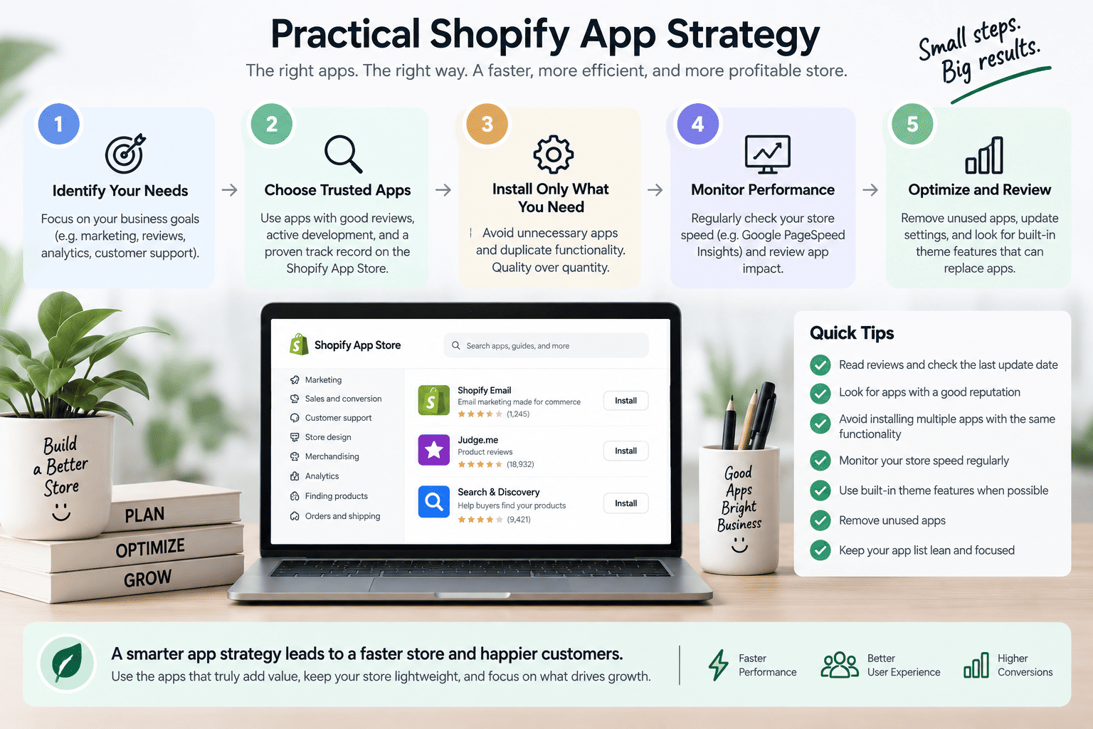 Practical Shopify app strategy showing how to choose trusted apps, install essential tools, monitor performance, and optimize a Shopify store