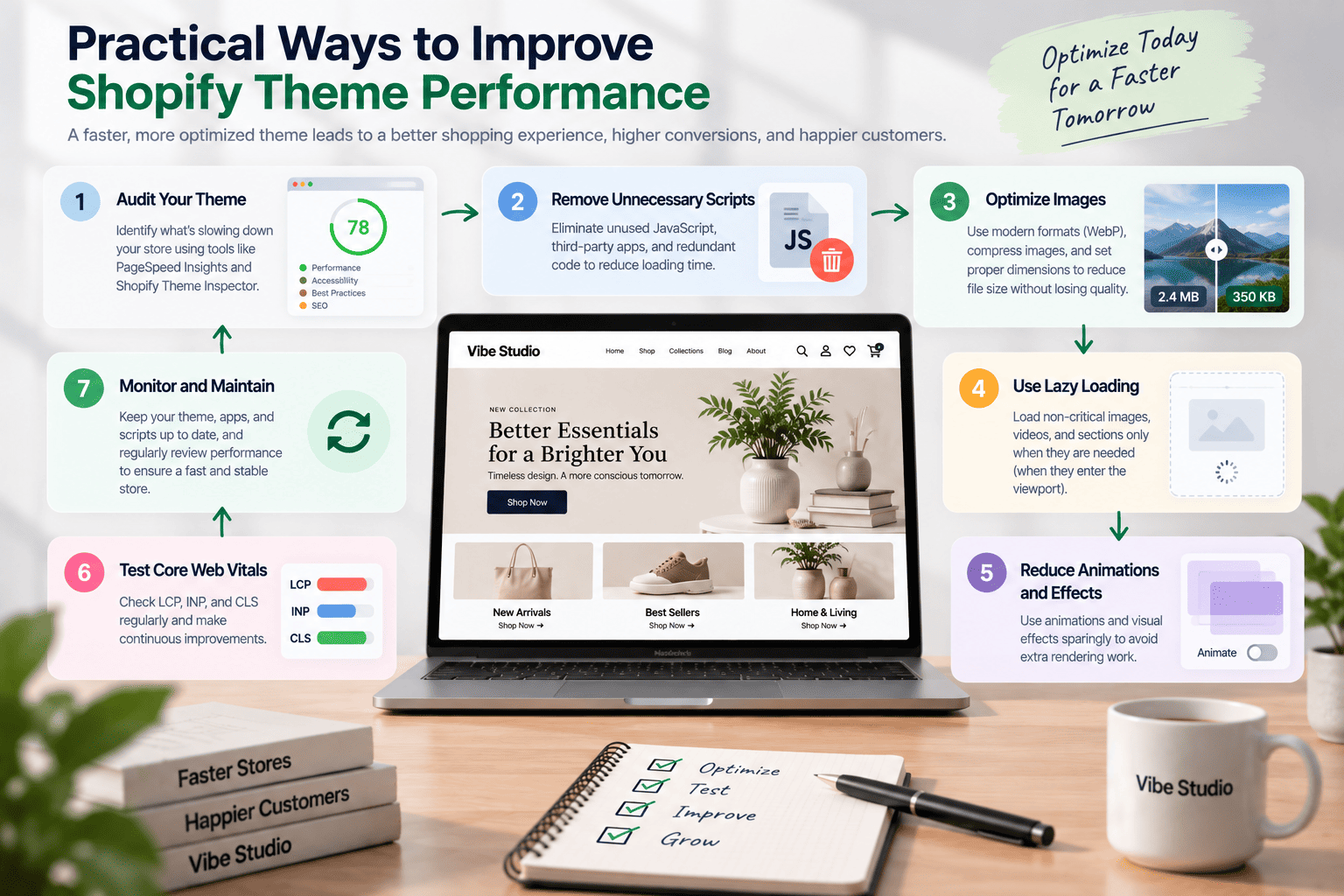 Practical Shopify theme performance optimization workflow showing image optimization, script reduction, lazy loading, and Core Web Vitals testing