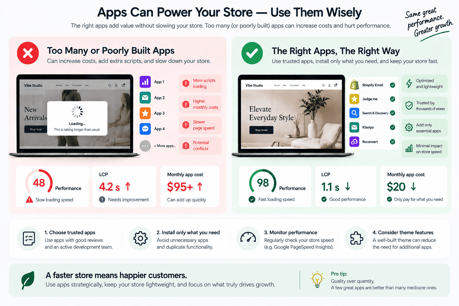 Shopify app performance comparison showing how excessive apps increase costs and slow down stores, while trusted apps support faster loading and better performance.