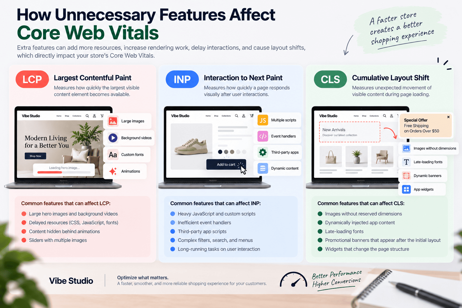 Shopify Core Web Vitals illustration explaining LCP, INP, and CLS through loading content, user interactions, and layout shifts