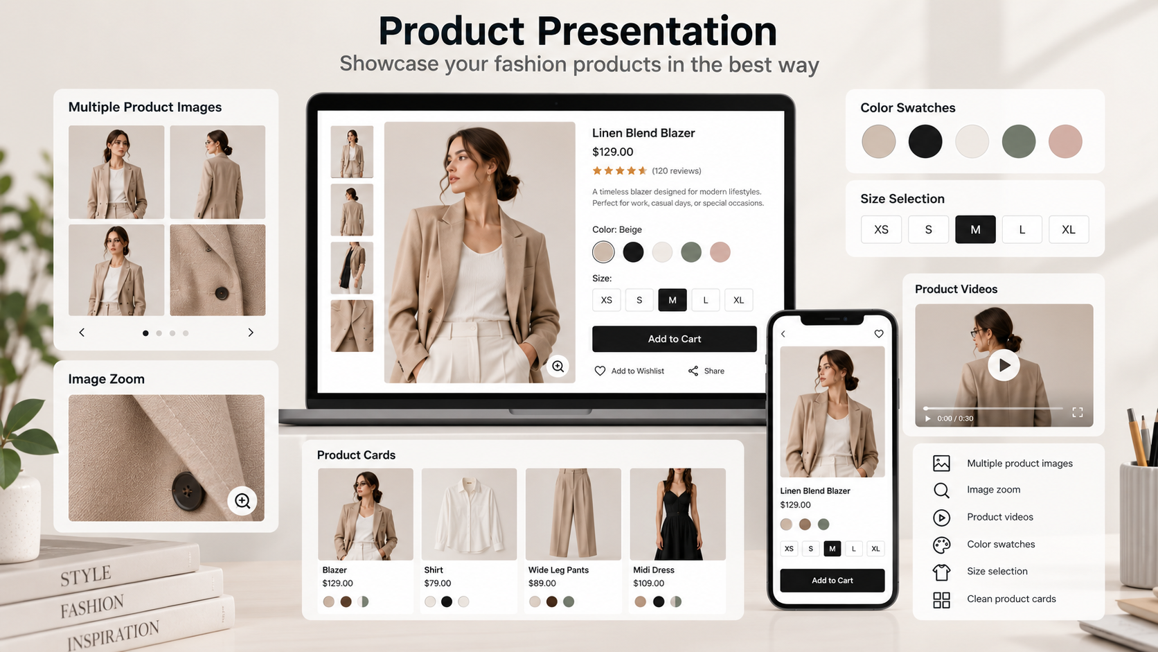 Shopify fashion theme product page with image gallery and color swatches
