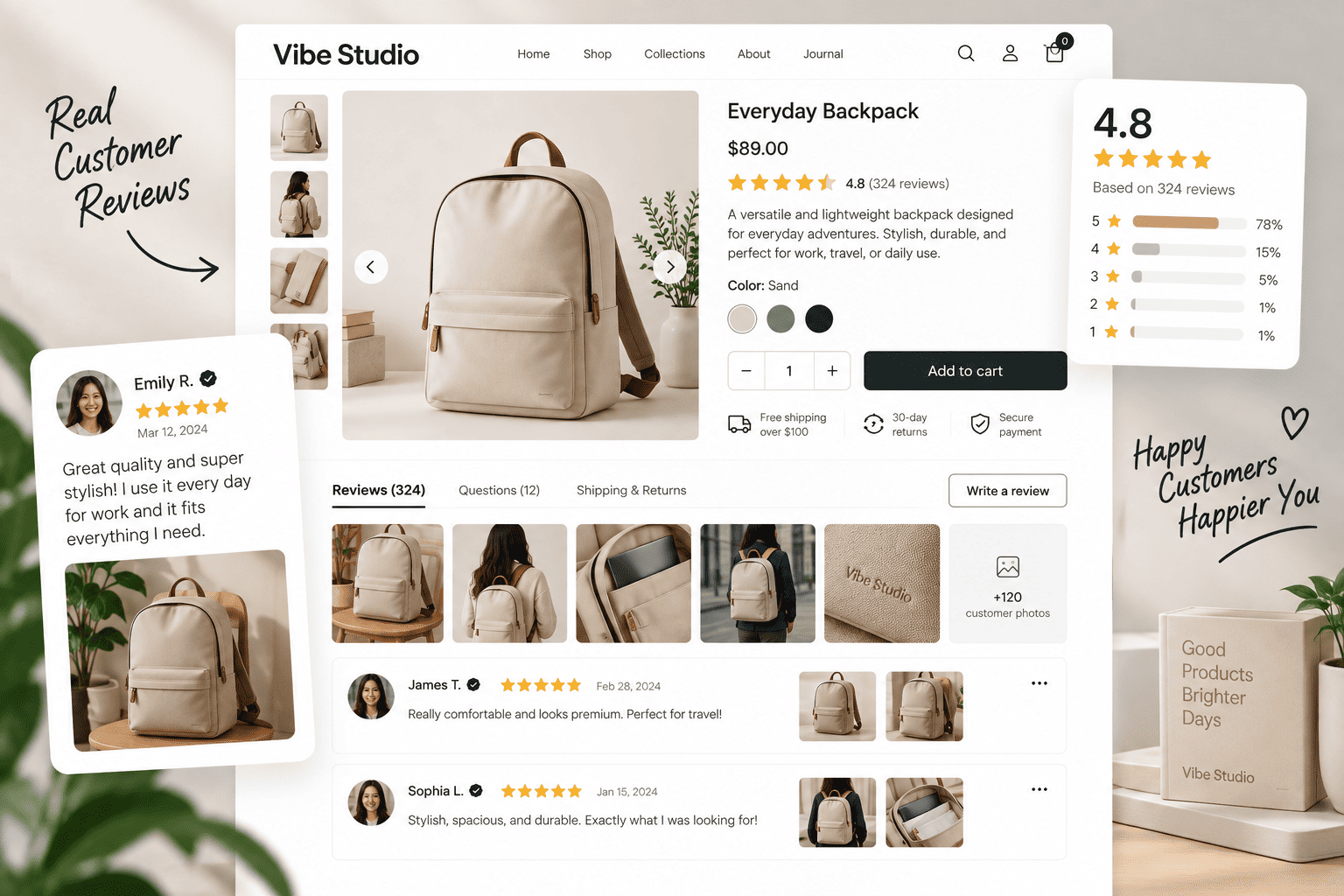 Shopify product review app displaying customer ratings, reviews, and user-generated photos to build customer trust