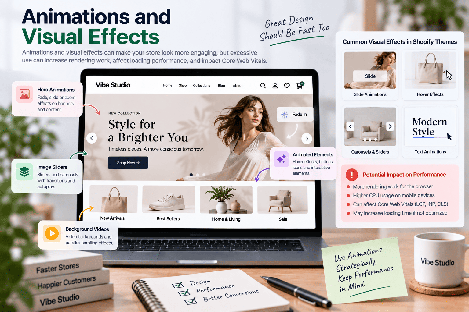 Shopify theme animations and visual effects including hero animations, image sliders, hover effects, carousels, and background videos that may affect website performance