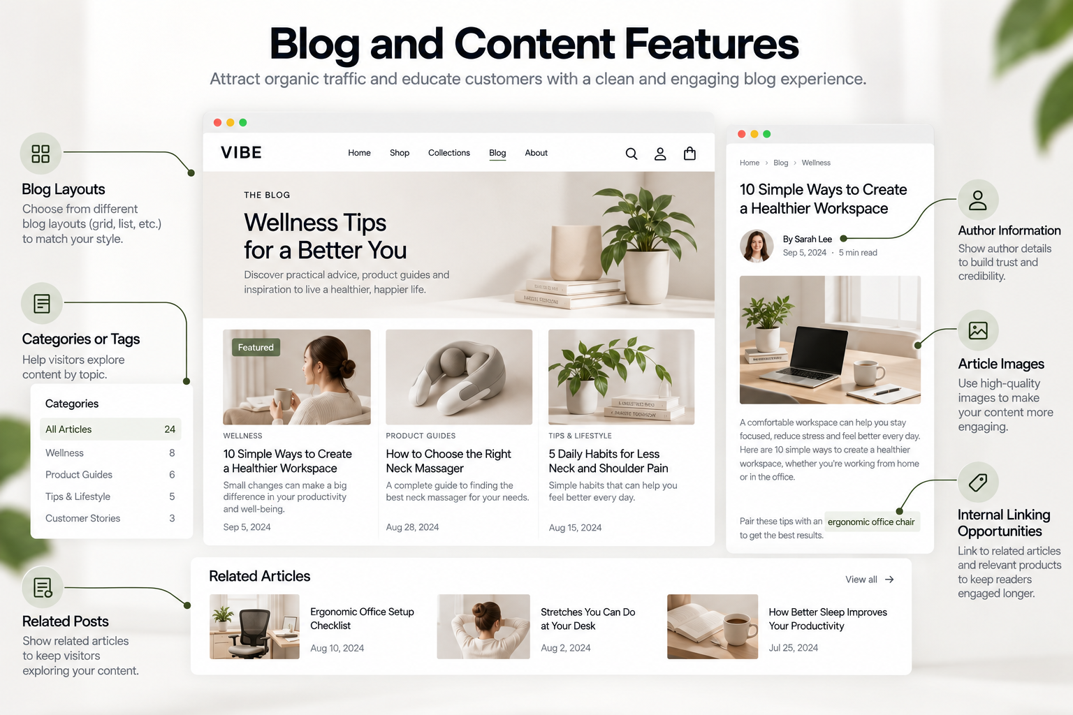 Shopify theme blog layout with categories, featured articles and related posts