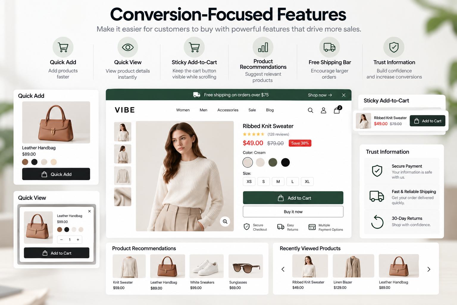 Shopify theme conversion features including quick add, quick view and sticky add-to-cart