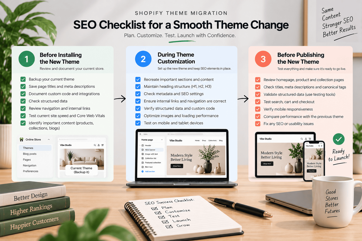 Shopify theme migration process showing SEO checks before installation, during customization, and before publishing