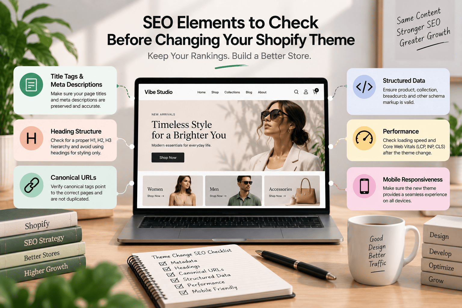 Shopify theme migration SEO checklist covering metadata, headings, canonical URLs, and structured data