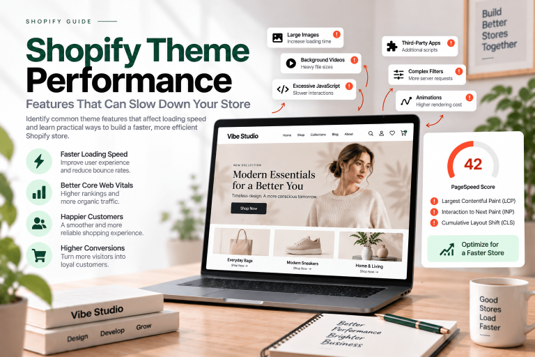 Shopify theme performance showing common features that can slow down a store, including large images, JavaScript, videos, animations, and third-party apps