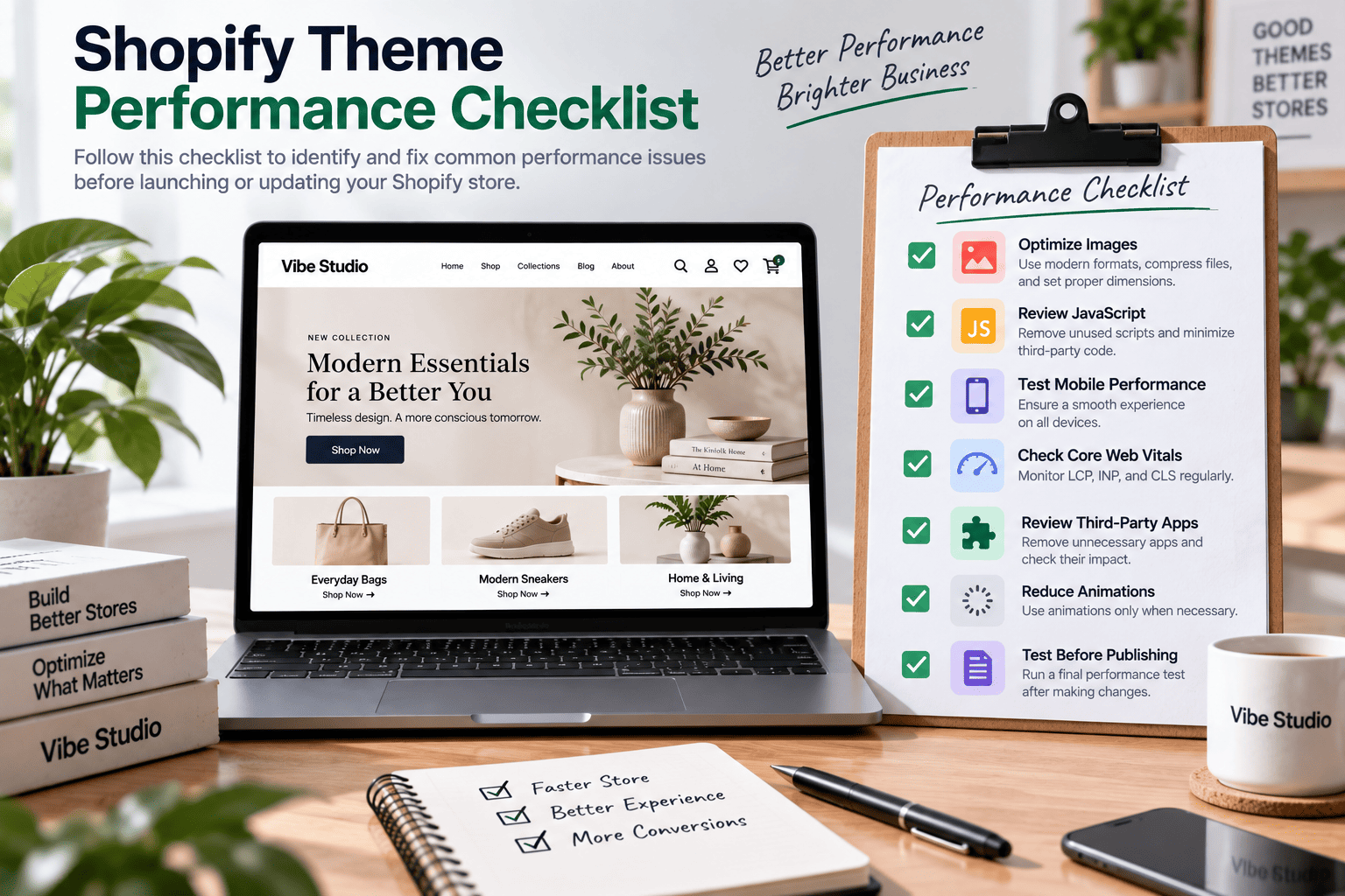 Shopify theme performance checklist covering JavaScript, images, mobile testing, Core Web Vitals, and third-party app review