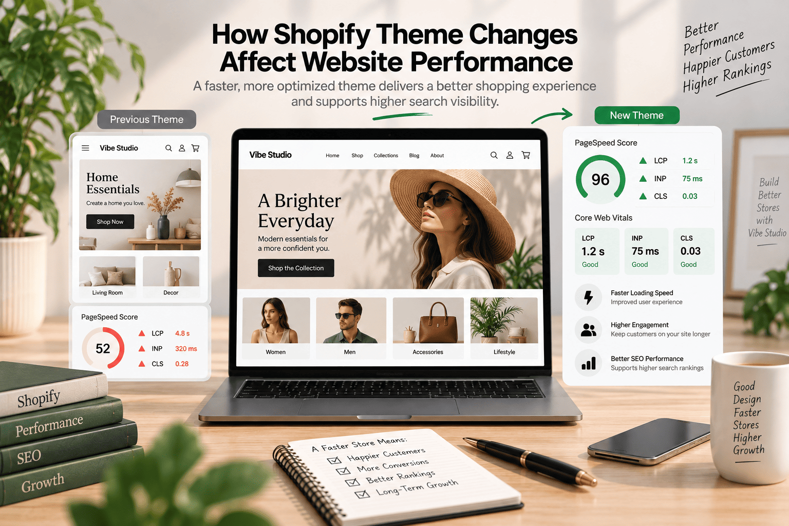 Shopify theme performance dashboard showing Core Web Vitals metrics including LCP, INP, and CLS