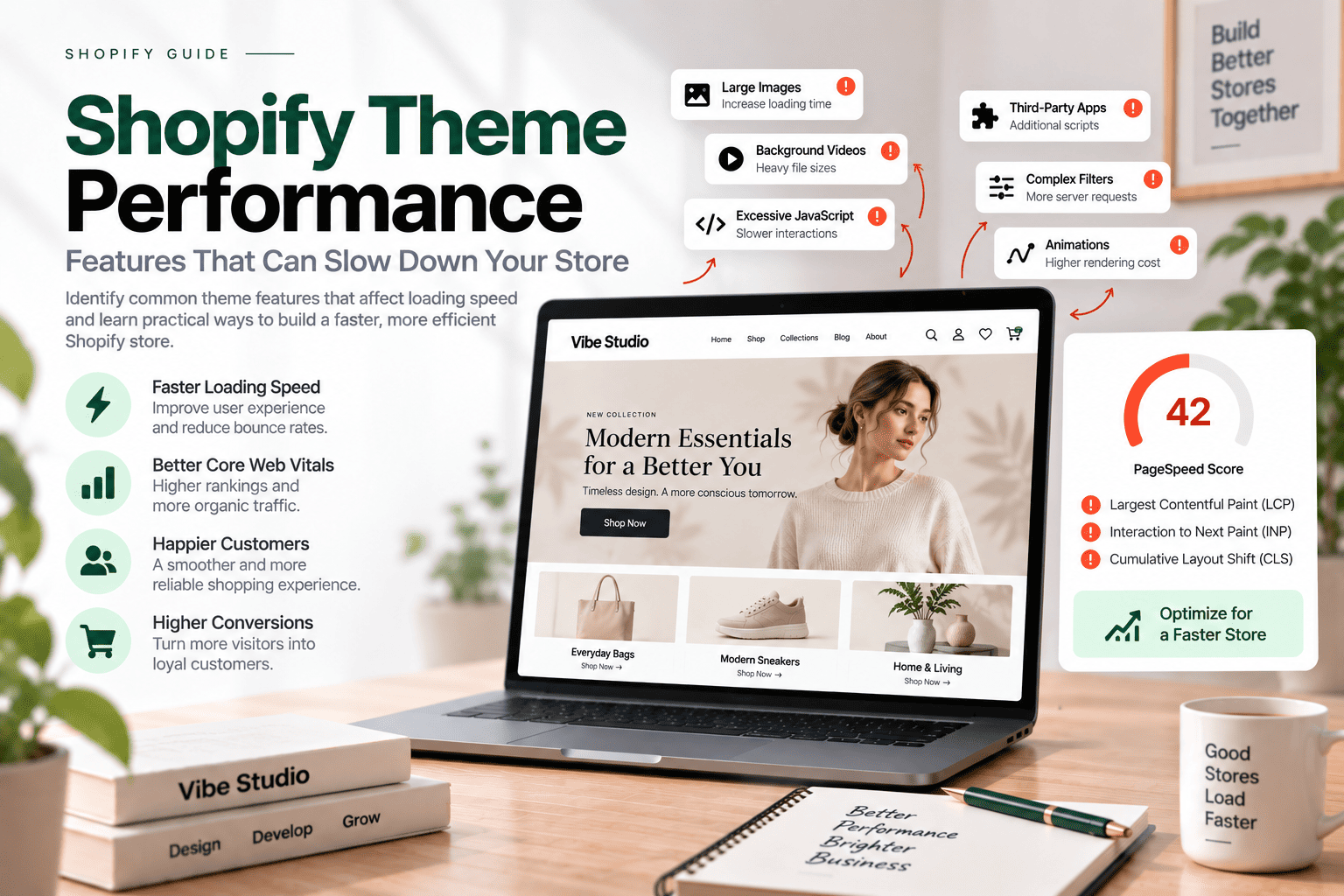 Shopify theme performance showing common features that can slow down a store, including large images, JavaScript, videos, animations, and third-party apps