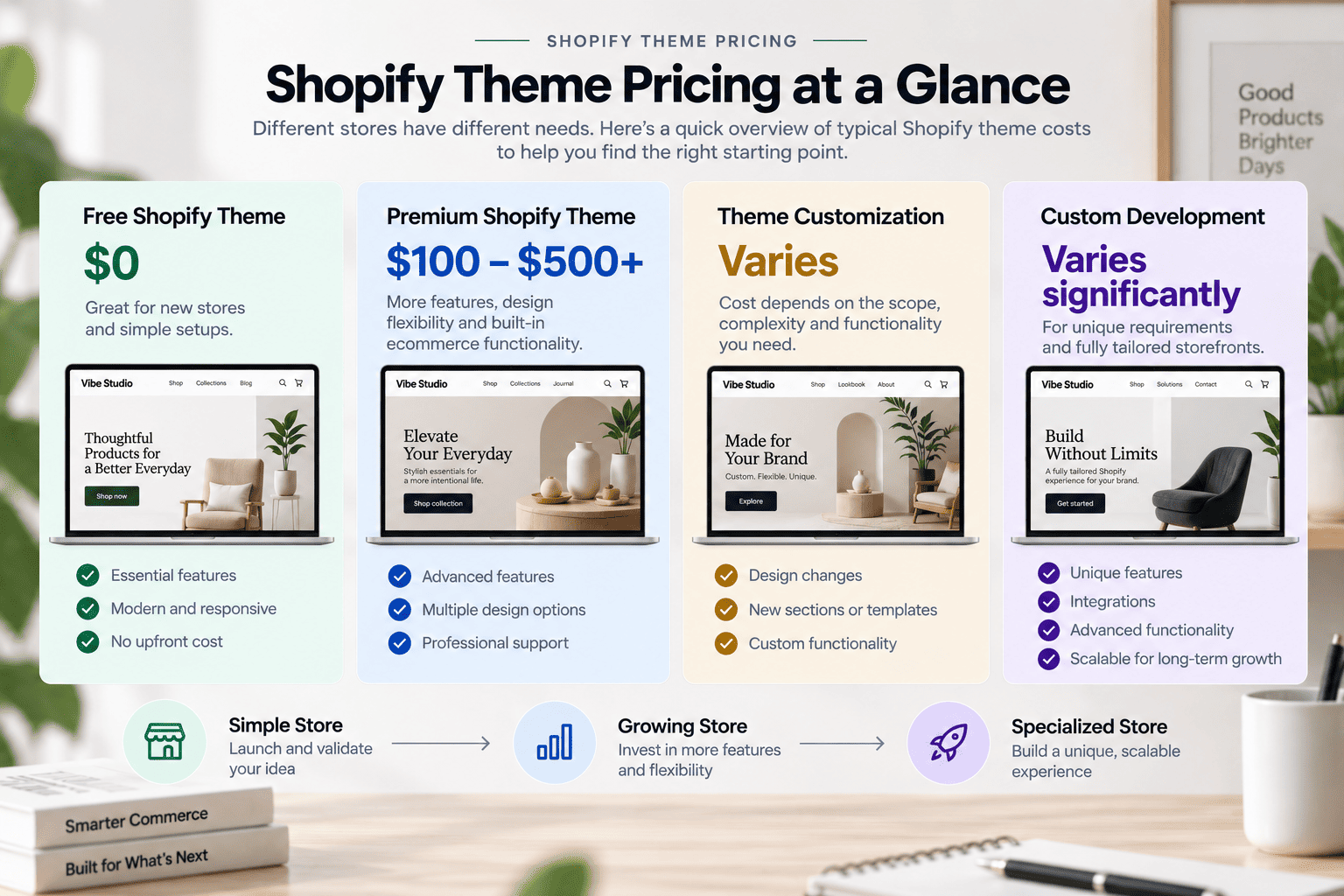 Shopify theme pricing guide showing free, premium, customization, and custom development costs