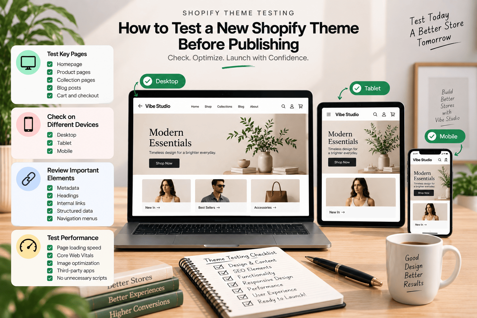 Testing a new Shopify theme across desktop, tablet, and mobile devices before publishing