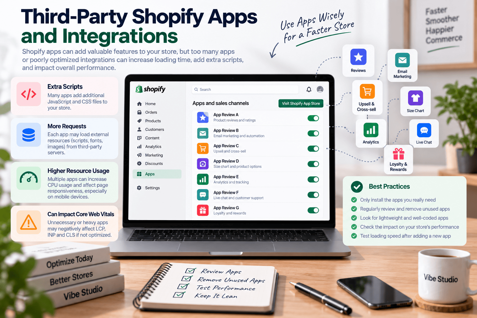 Third-party Shopify apps and integrations showing extra scripts, external requests, resource usage, and performance optimization best practices