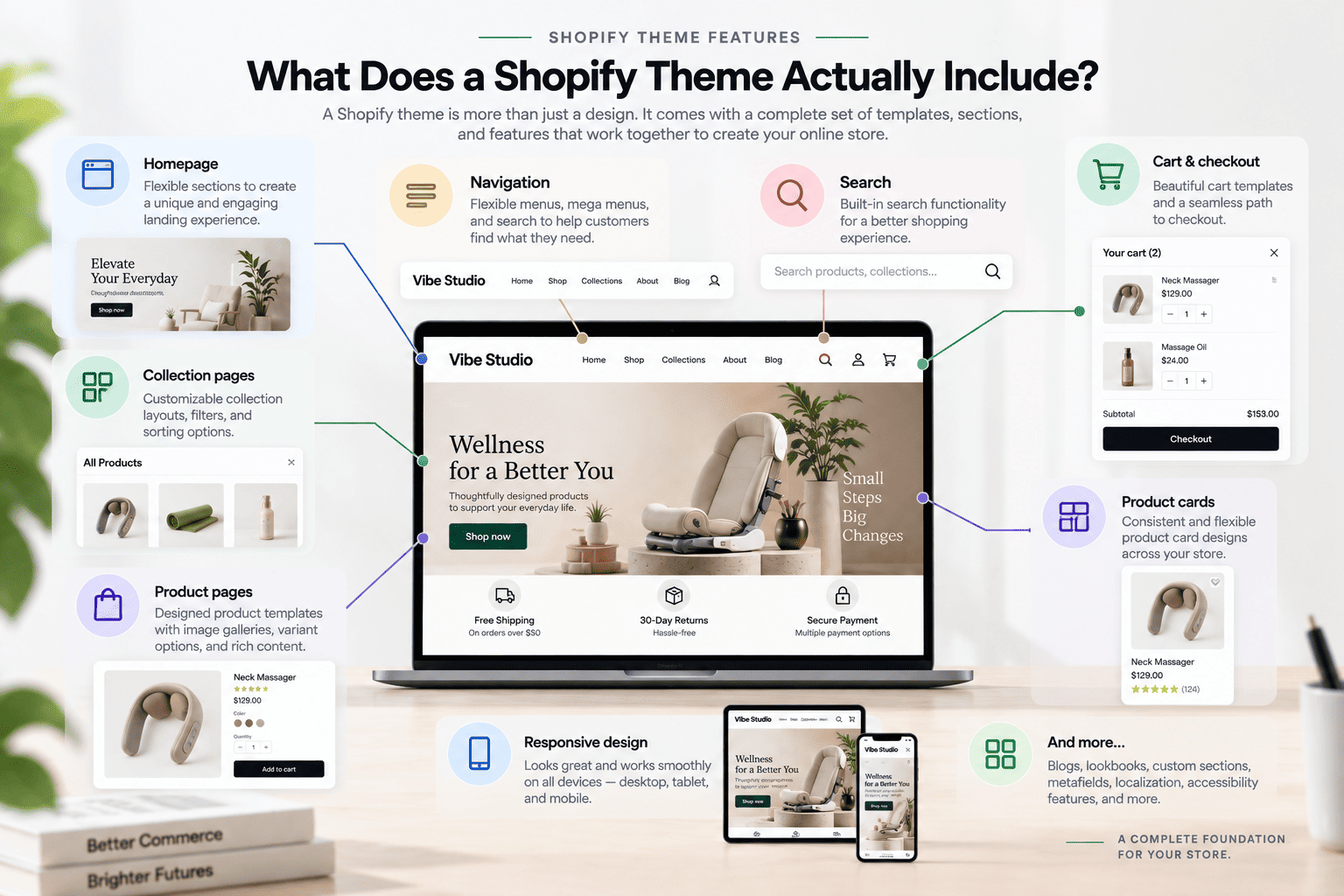 Shopify theme features including product pages, collections, navigation, cart, search, and responsive design